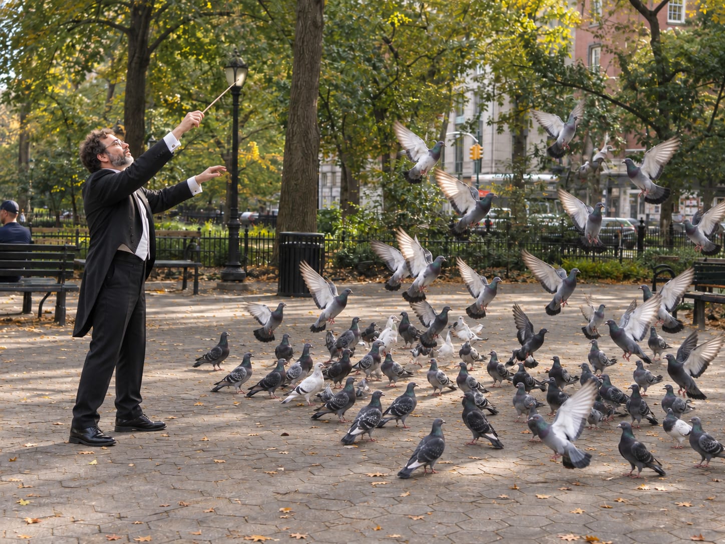 A conductor in formal attire raises his baton as a flock of pigeons facing him takes off in a city park.