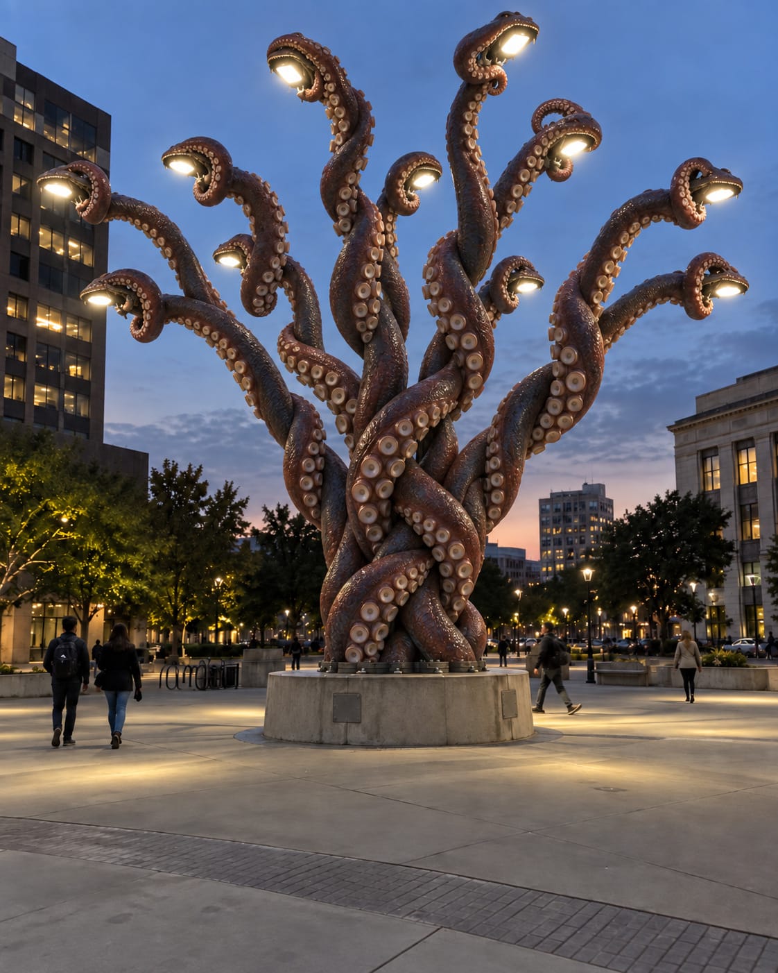 Streetlight poles wrapped in giant tentacles rise from a concrete base in a city plaza, their lamps glowing above pedestrians.
