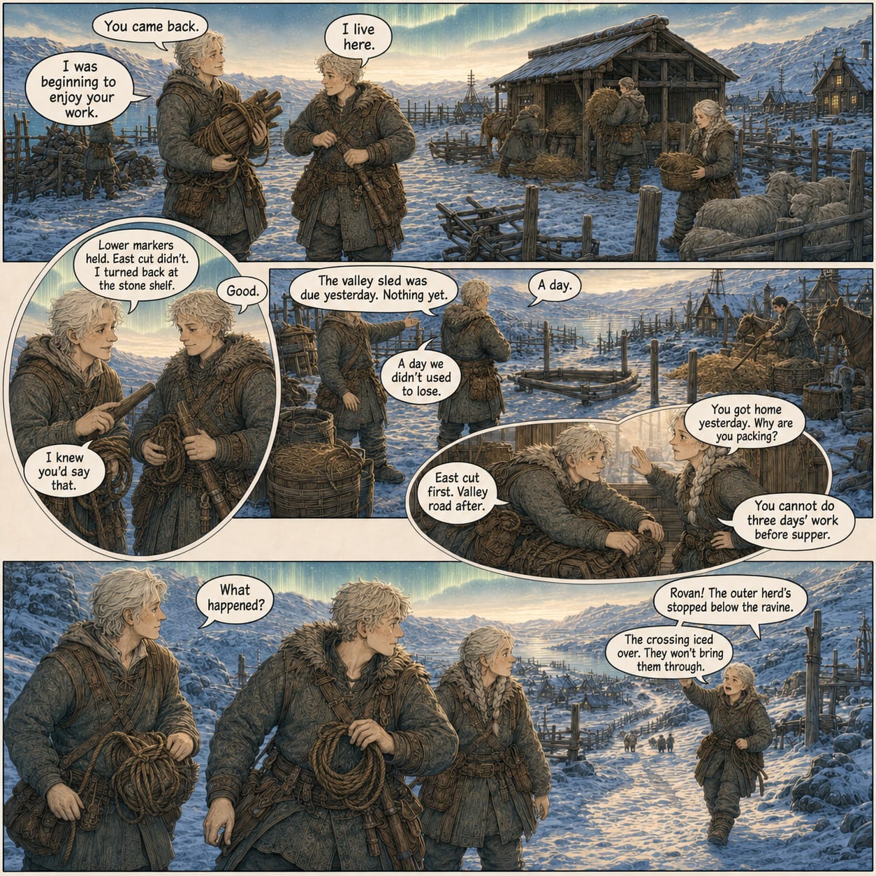 Rovan and Marek inspect damaged route gear and a missed valley sled; Nara pushes back on his workload before Pell brings news of the herd.