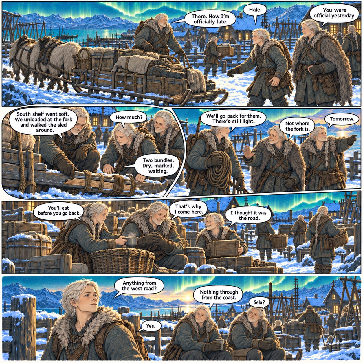 Hale arrives late with the valley sled after a difficult detour; over food and repairs, Rovan asks whether anything came through from the coast.