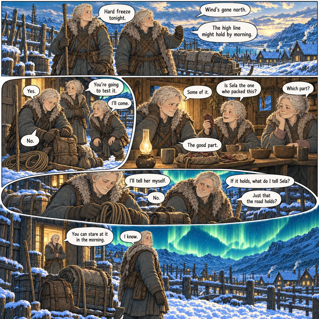Wind shifts north as Rovan prepares to test the high line; over supper, Pell and Nara tease out his thoughts of Sela before he watches the ridge.