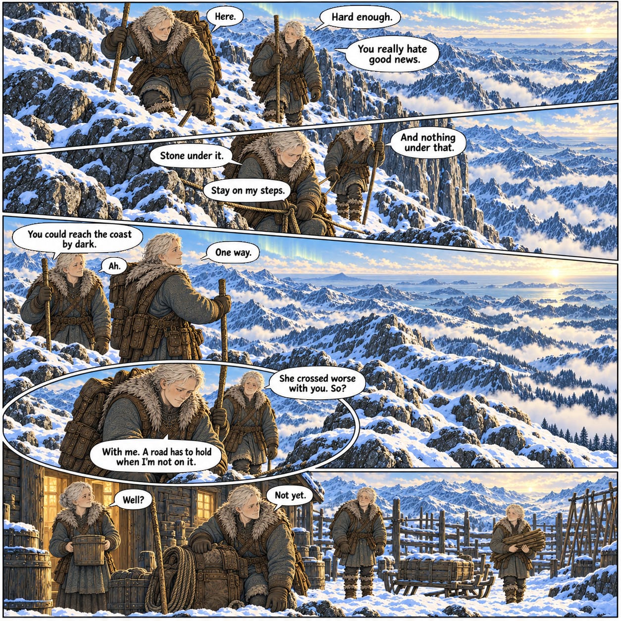 Rovan and Marek test the frozen high line, find it crossable but not safe enough for Sela, and return to the upper yard with the answer: not yet.
