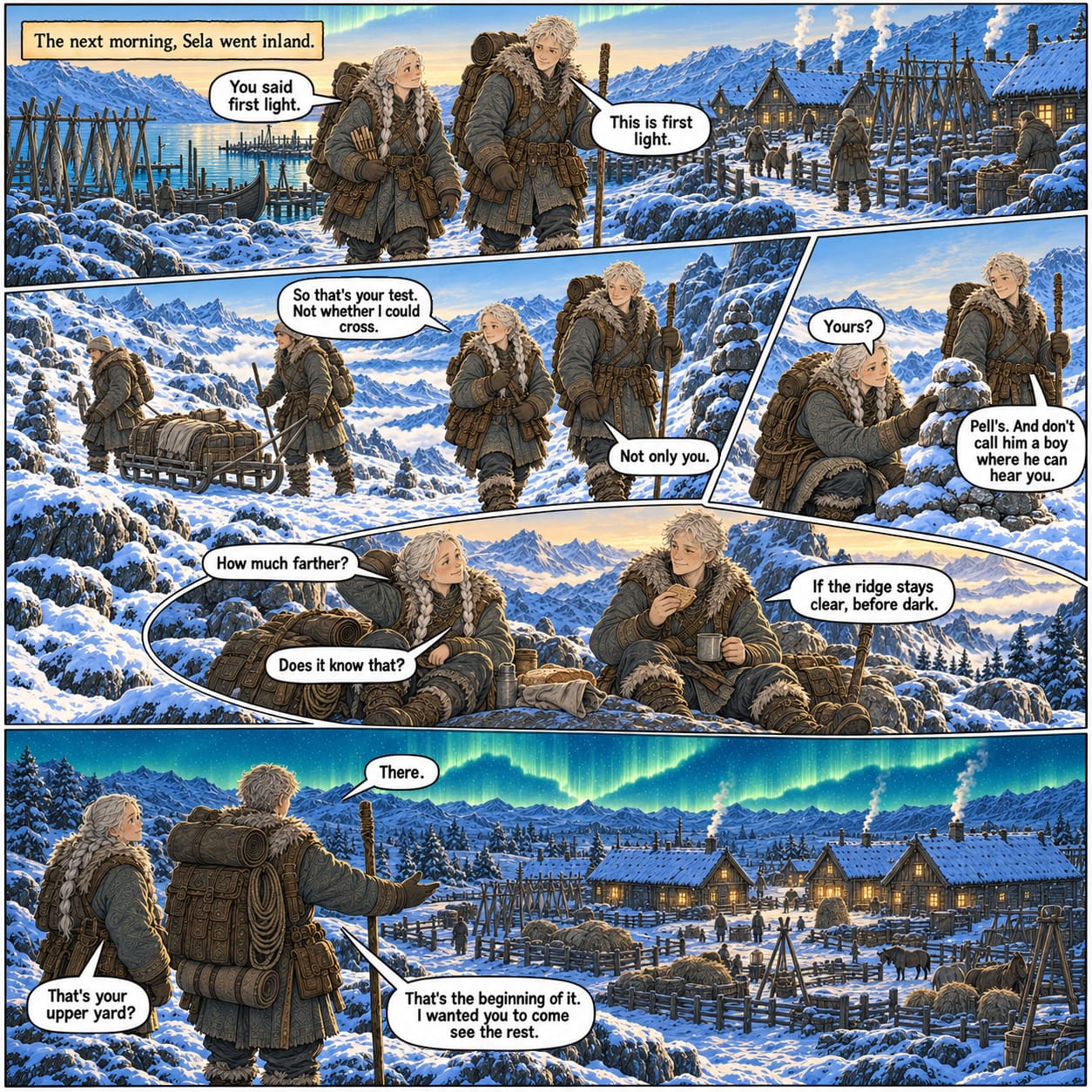 Sela arrives at Rovan’s upper yard, meeting his community and seeing the busy inland settlement for herself.