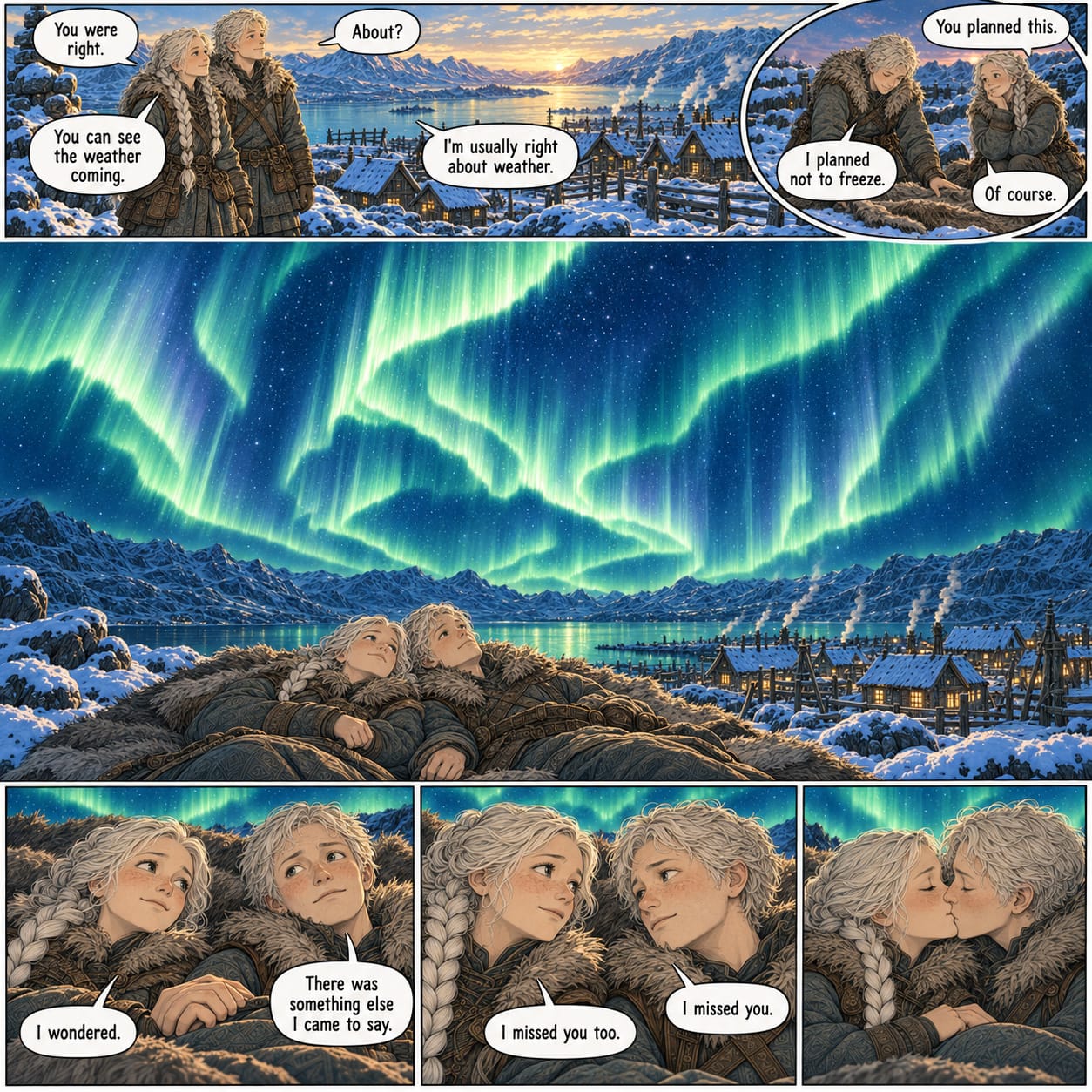 Beneath a vast green aurora, Sela and Rovan admit they missed each other and share their quiet first kiss.