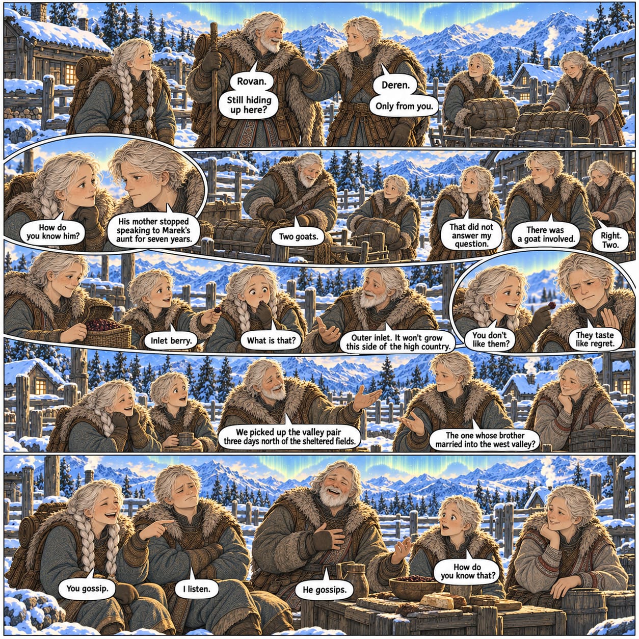 Sela meets Deren and two travelers, samples an outer-inlet berry, and teases Rovan about his talent for gossip.