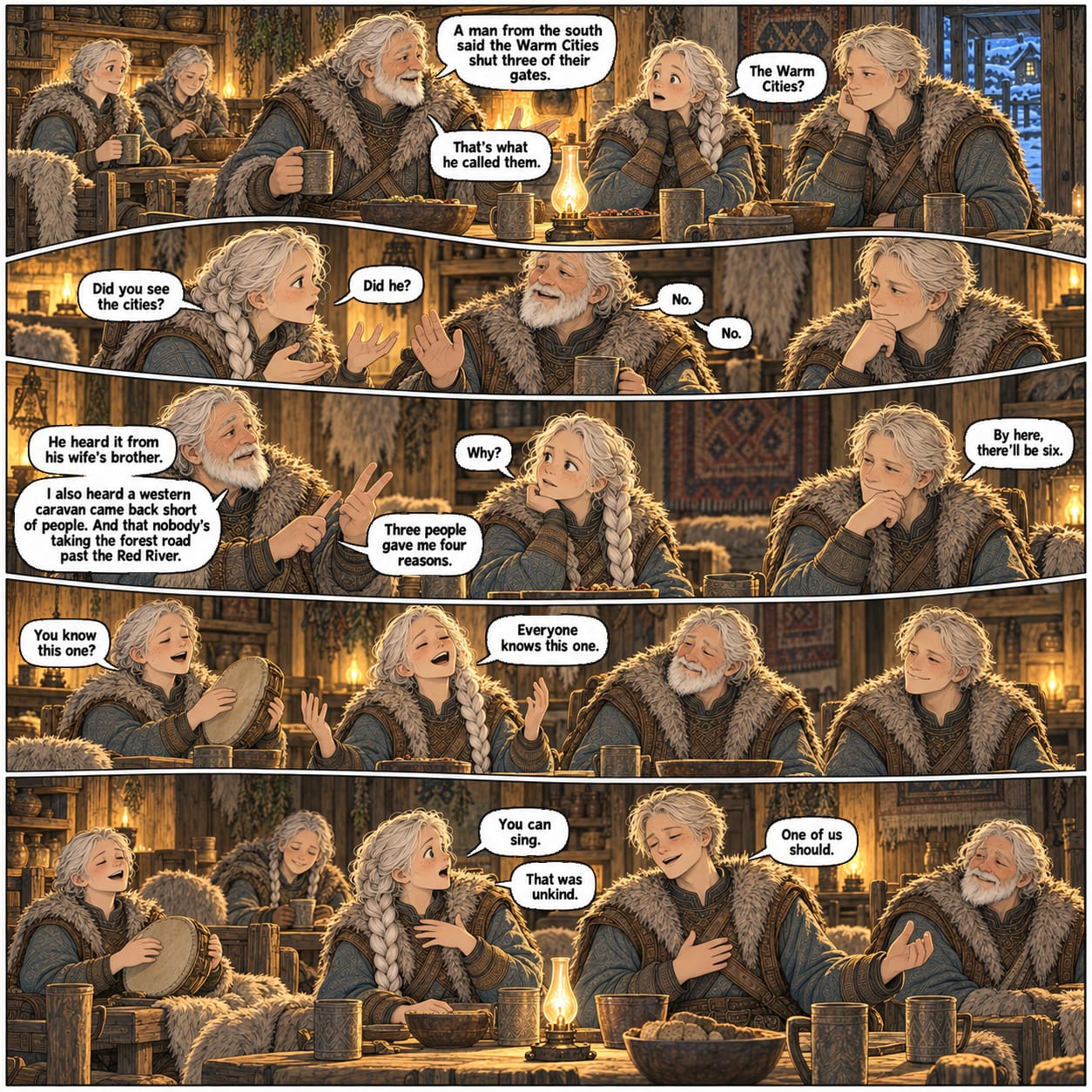Indoors by lamplight, Deren shares distant rumors before the group sings; Sela is surprised by Rovan’s beautiful voice.