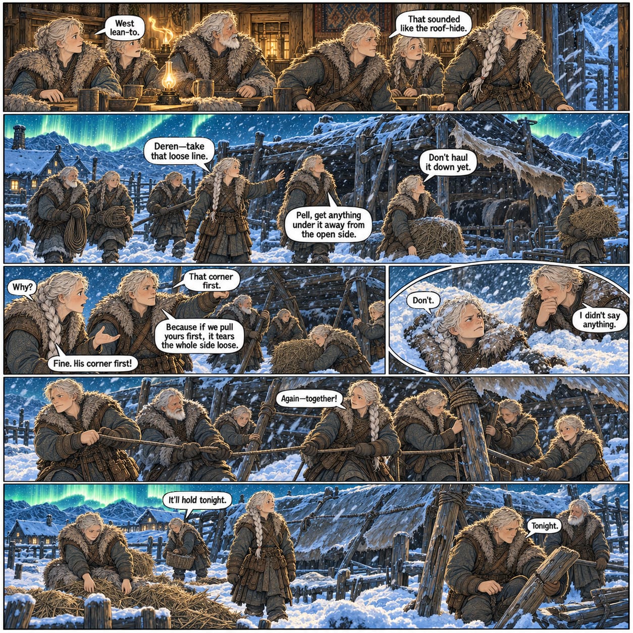 A storm tears loose a hide roof; Sela, Rovan, Deren, Pell, and others battle snow and wind to secure the lean-to.