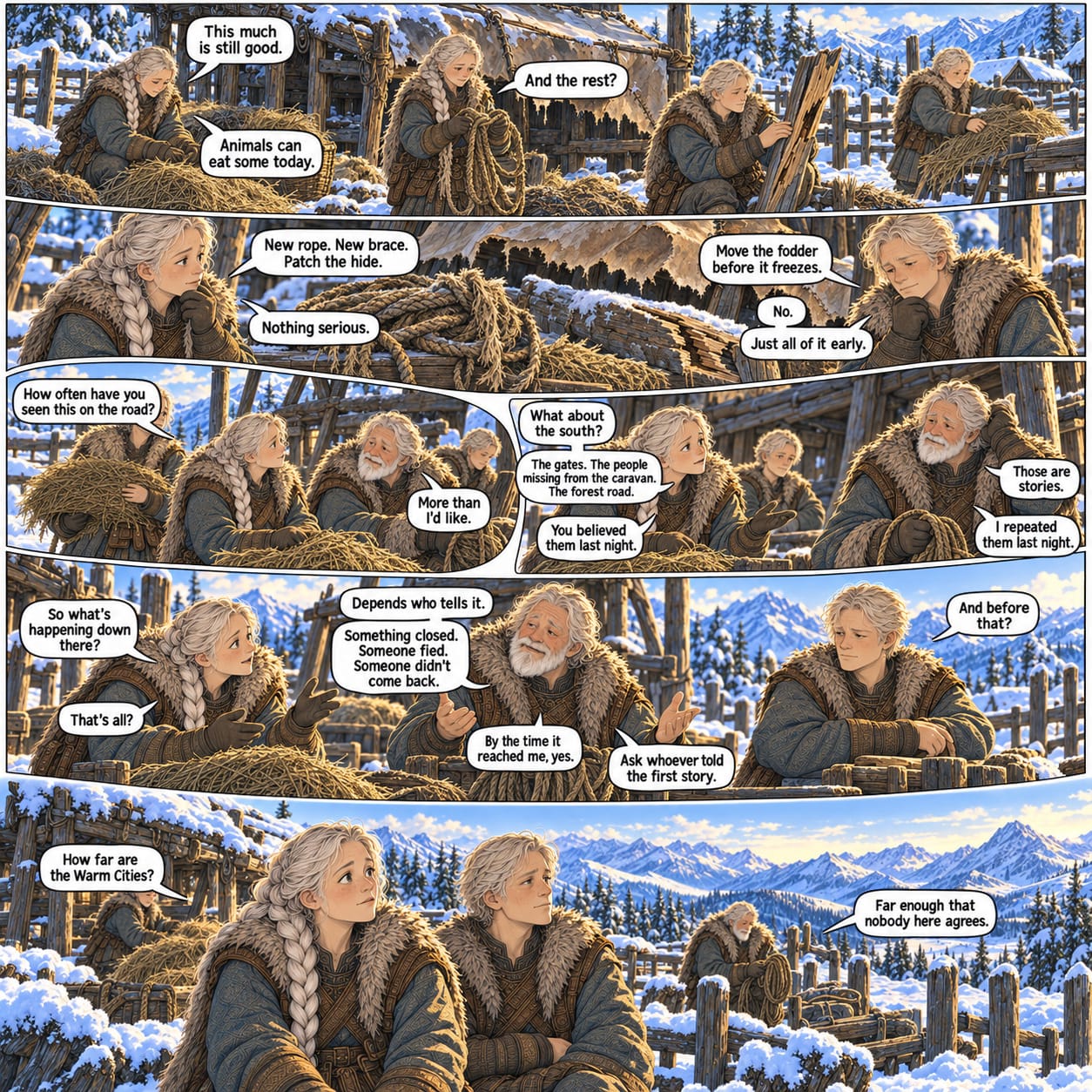The next morning, Sela, Rovan, and the others assess frayed rope, wet fodder, and repairs while discussing uncertain southern rumors.