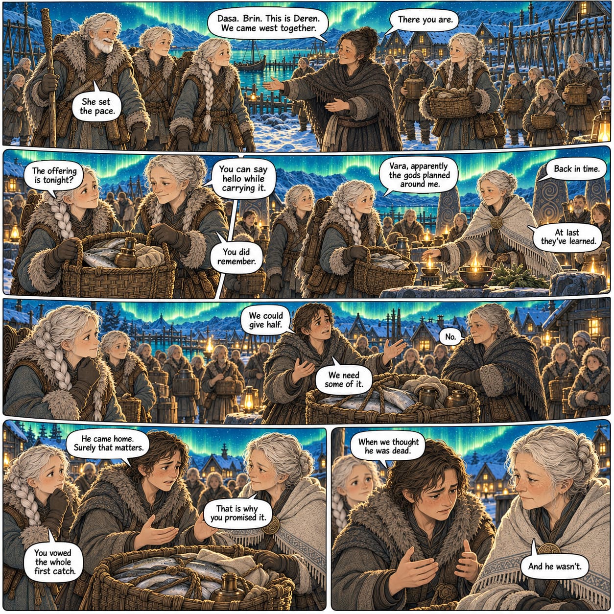 Sela reaches the coast, reunites with familiar faces, and joins an aurora-lit offering where a family debates its promised catch.