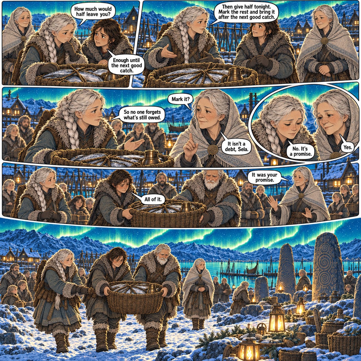 Sela proposes a compromise, but Vara calls the vow a promise; the household chooses to give the whole catch, and Sela helps carry it.
