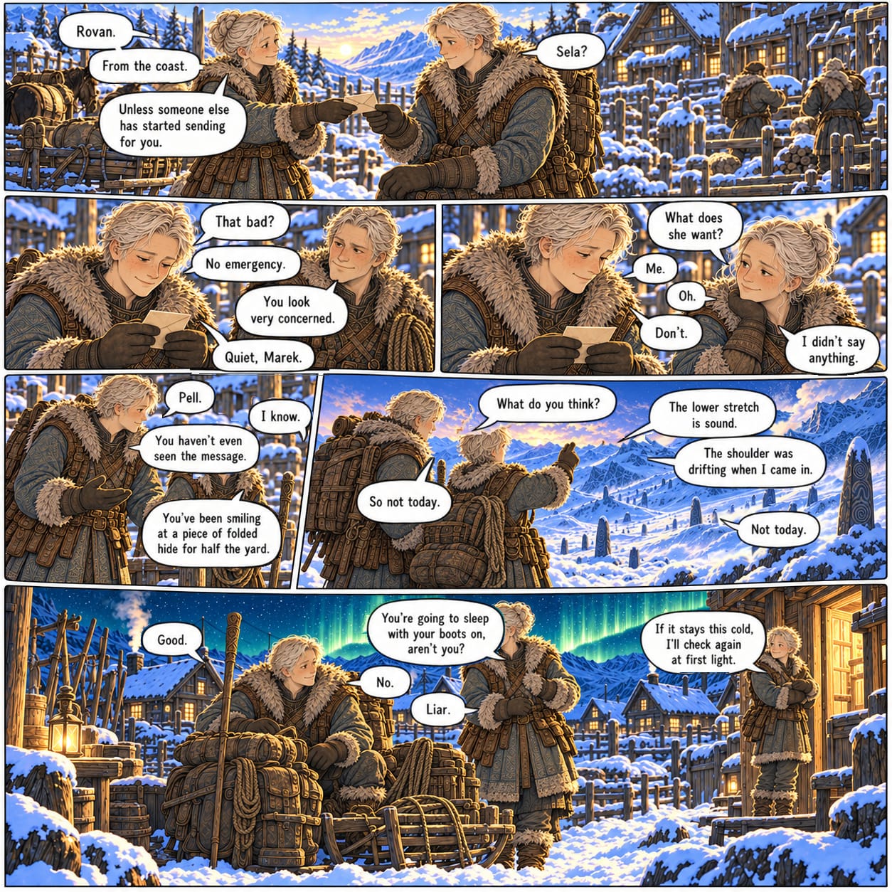 At the upper yard, Rovan prepares to leave after Sela’s message; Pell checks the route while Nara and Marek see how eager he is.