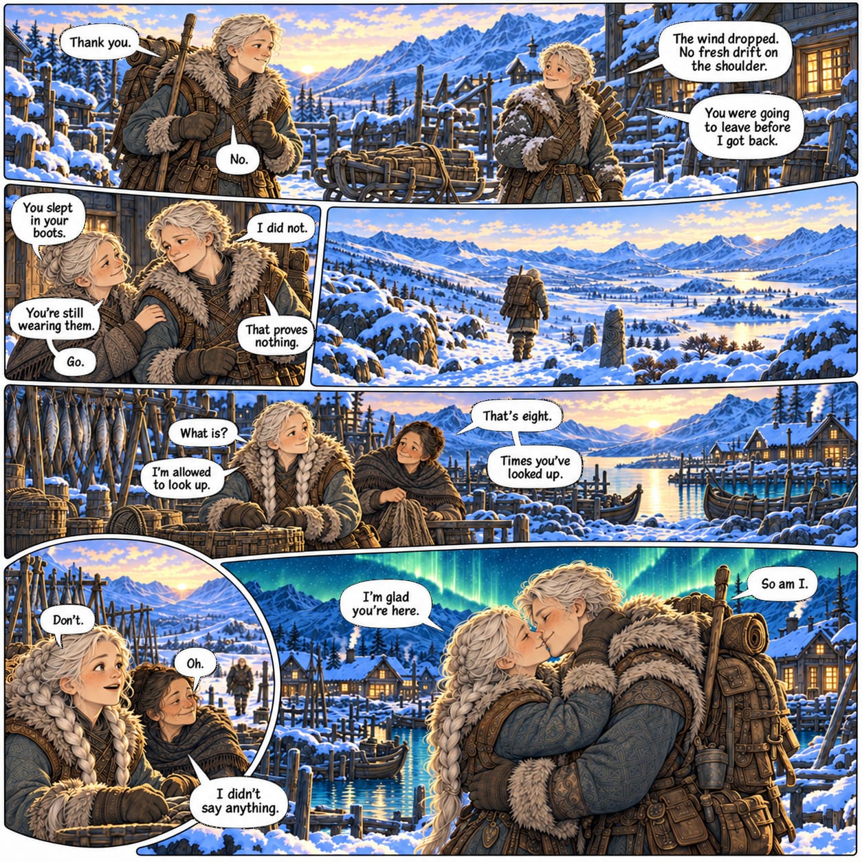 Rovan crosses the snowy route to the coast; Sela spots him from afar, and they reunite with a warm kiss beneath the aurora.