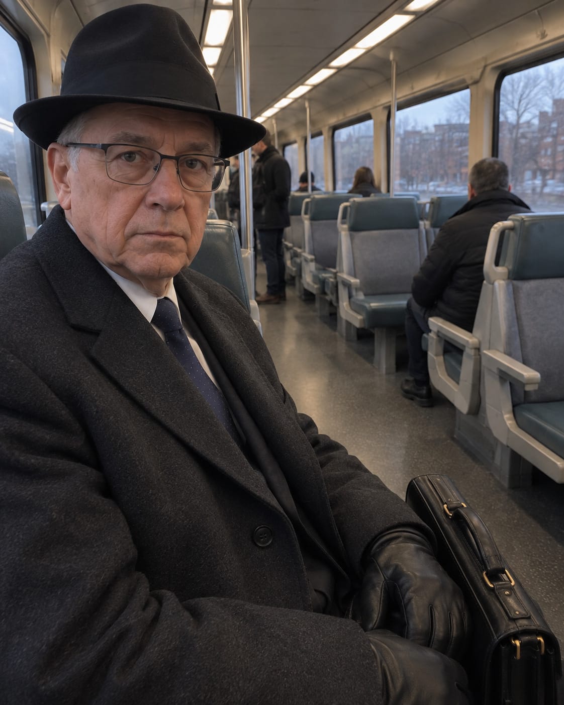 Miroslav sits beside Evan on a commuter train, dressed in a dark overcoat and hat with his black briefcase beside him.