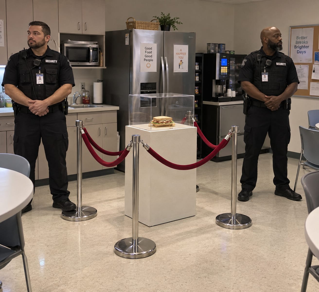 A deli sandwich under an acrylic case and velvet ropes in an office break room, guarded seriously by two security guards.