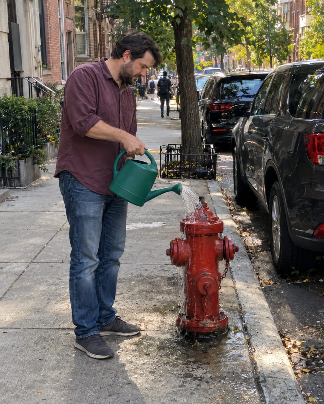 A man on a city sidewalk carefully waters a red fire hydrant with a green plastic watering can.