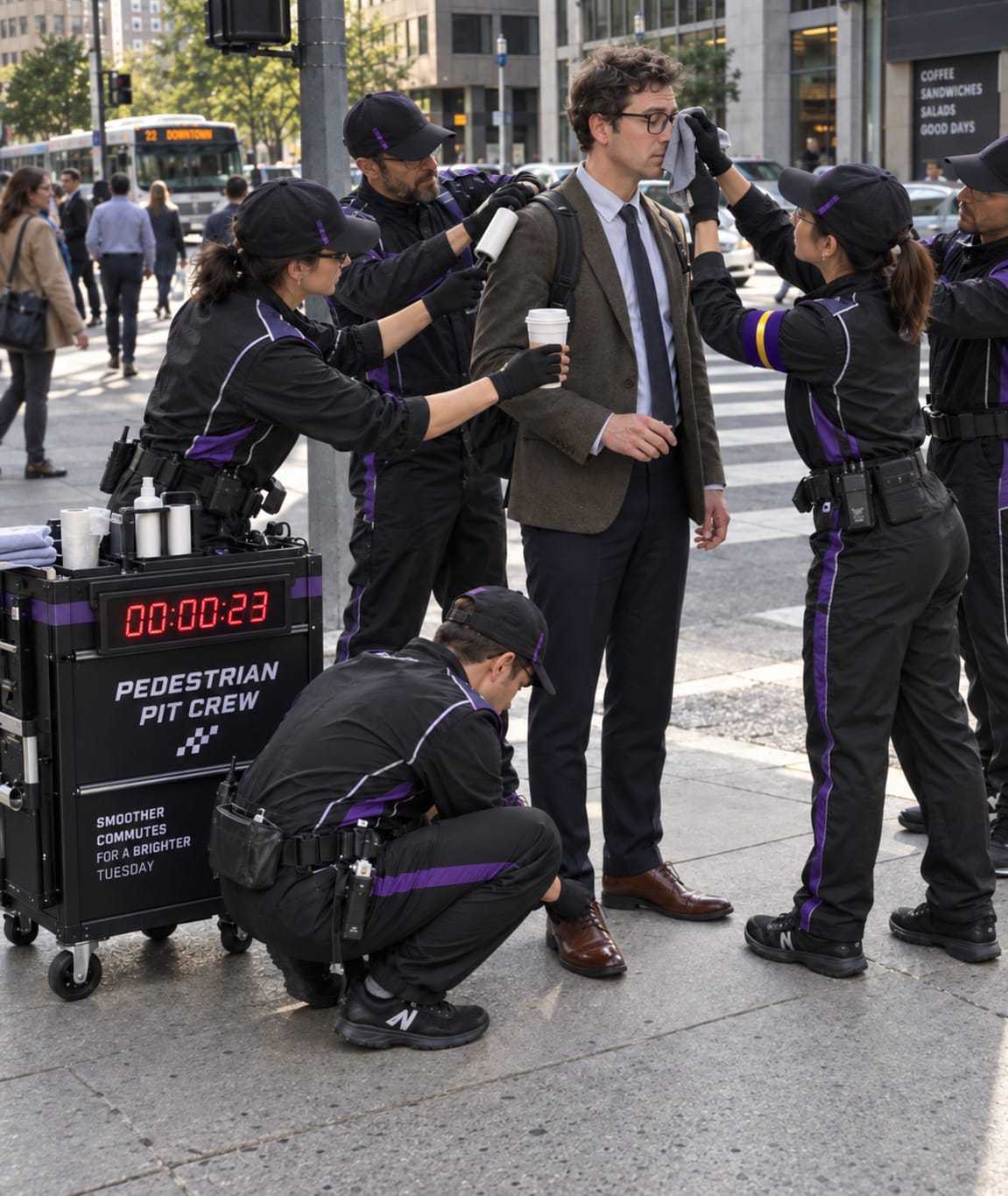 A racing-style pit crew rapidly services an office commuter at a crosswalk while a digital timer runs beside them.