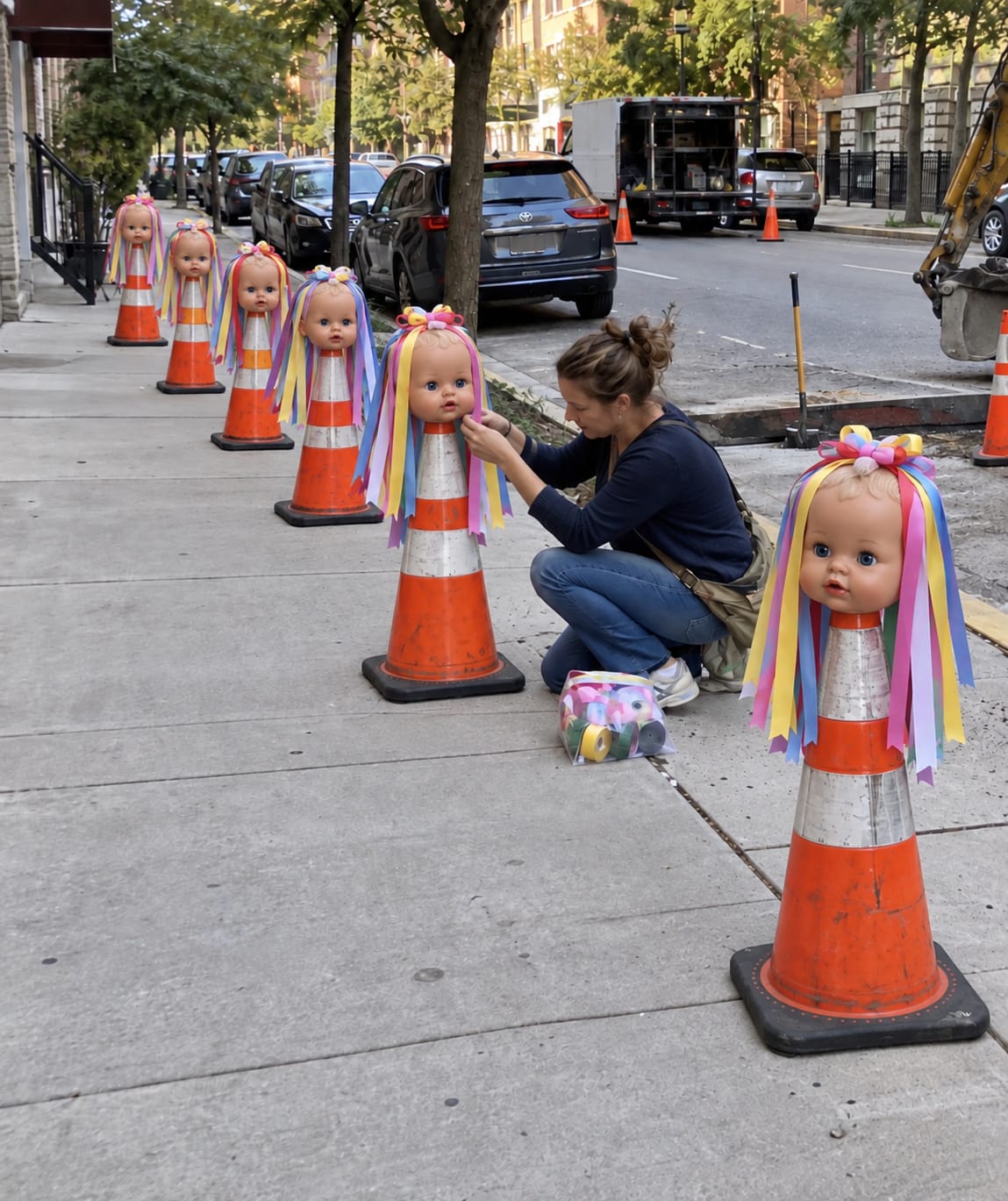 Woman crouches beside traffic cones topped with oversized baby doll heads and colorful ribbon hair on a city sidewalk.