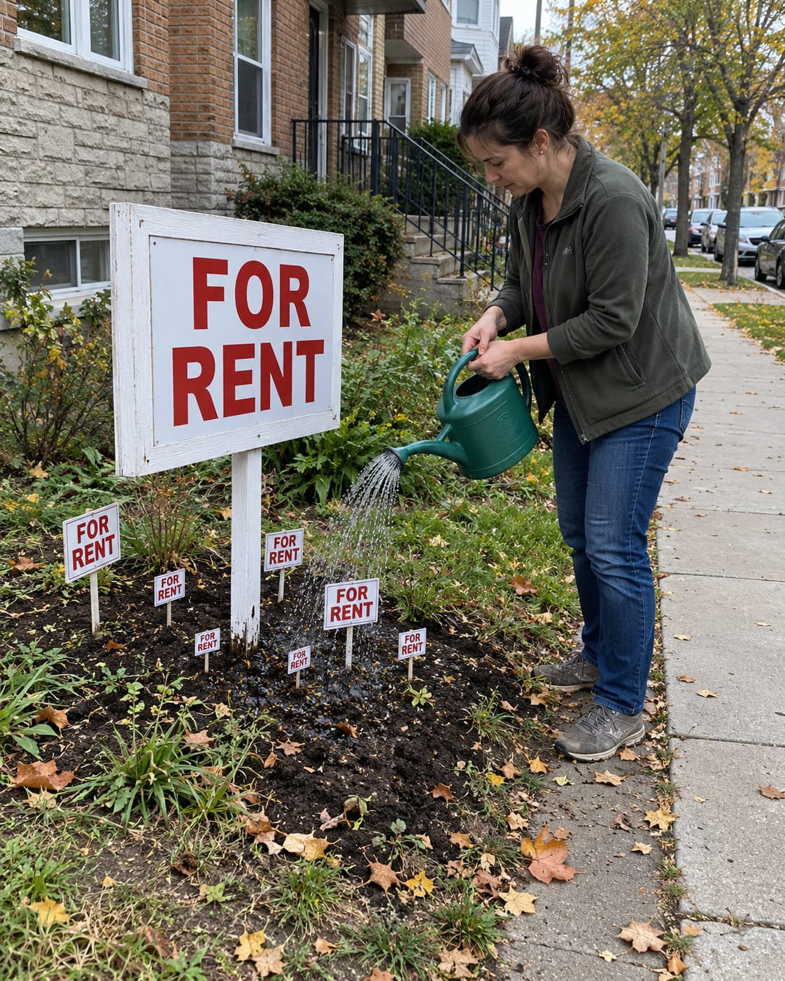 A woman waters a large For Rent sign while several smaller For Rent signs appear to sprout from the damp soil around it.