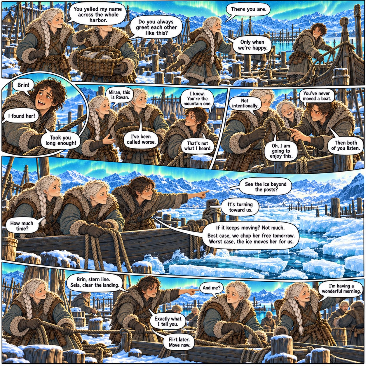At the harbor, Brin and Miran recruit Sela and Rovan to move a boat threatened by shifting shore ice.