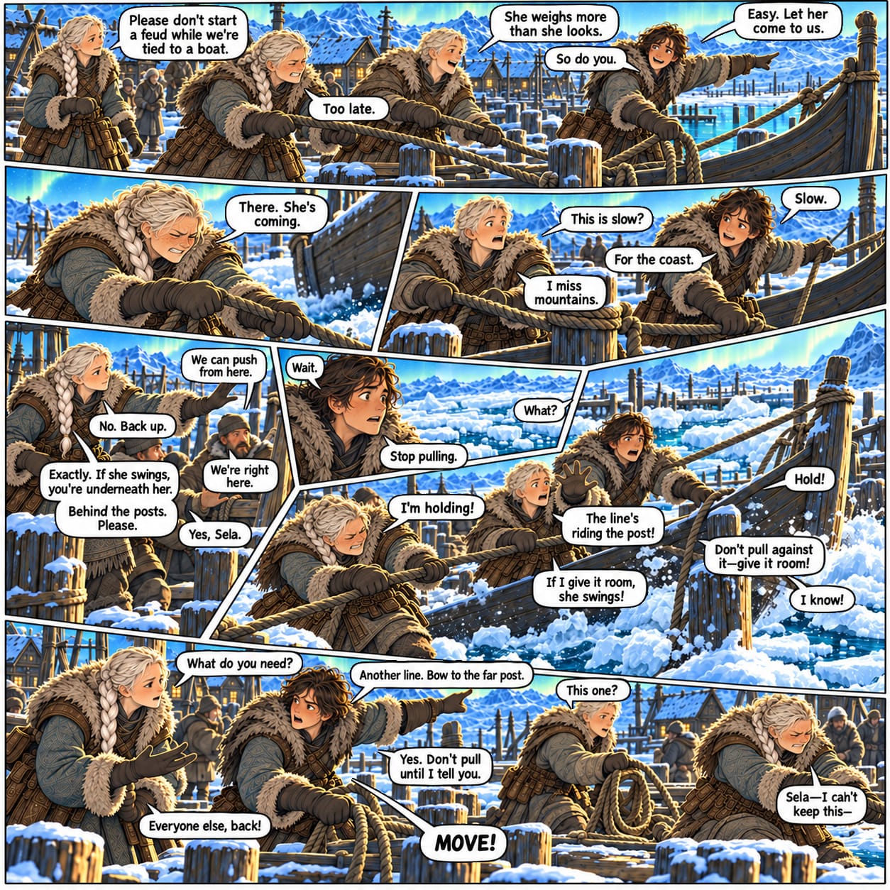 The crew hauls the boat as the ice turns dangerous; Miran directs, Brin strains, Sela clears space, and Rovan follows.