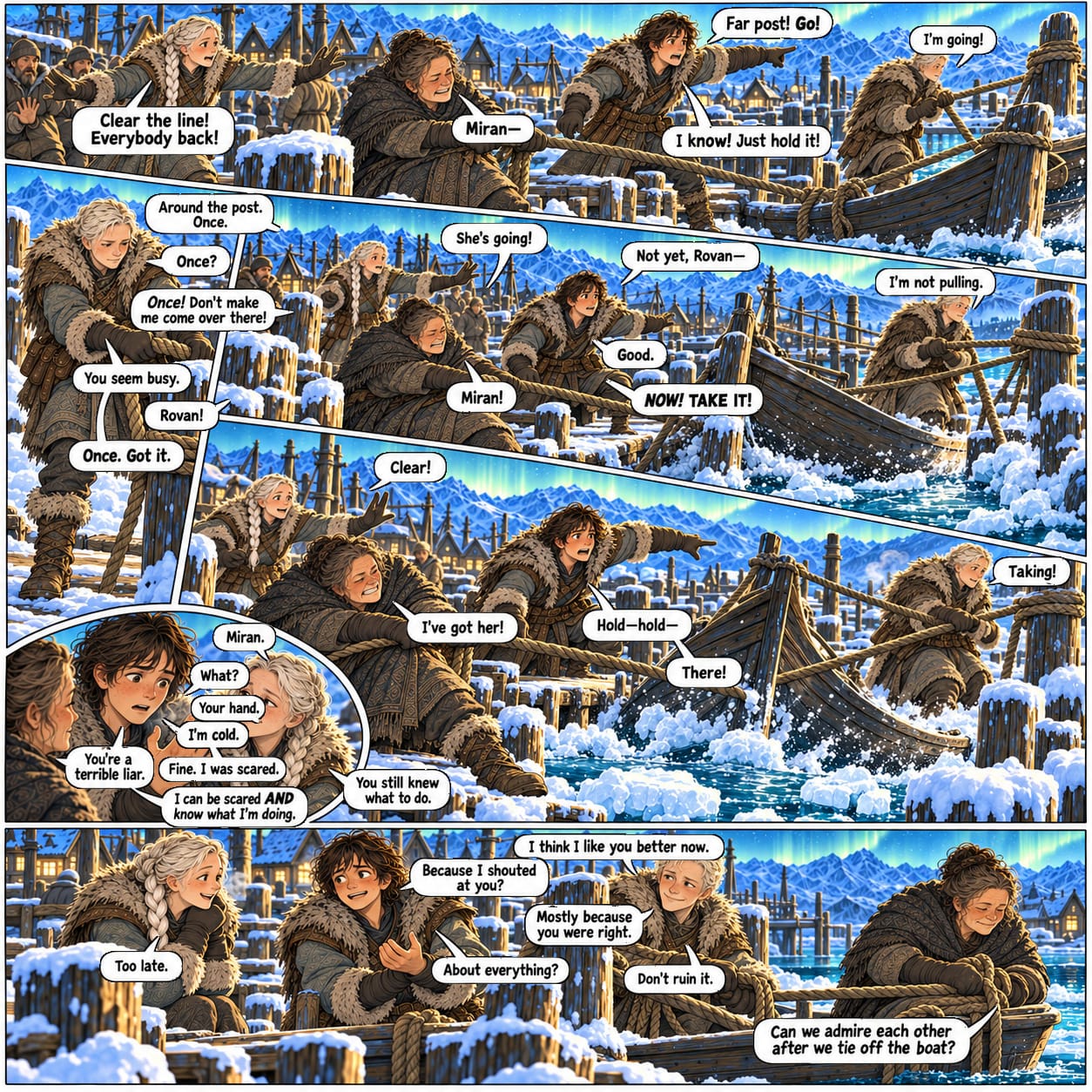 The boat nearly swings free, but Miran coordinates a second line and the group stops it; afterward his shaking hand gives him away.