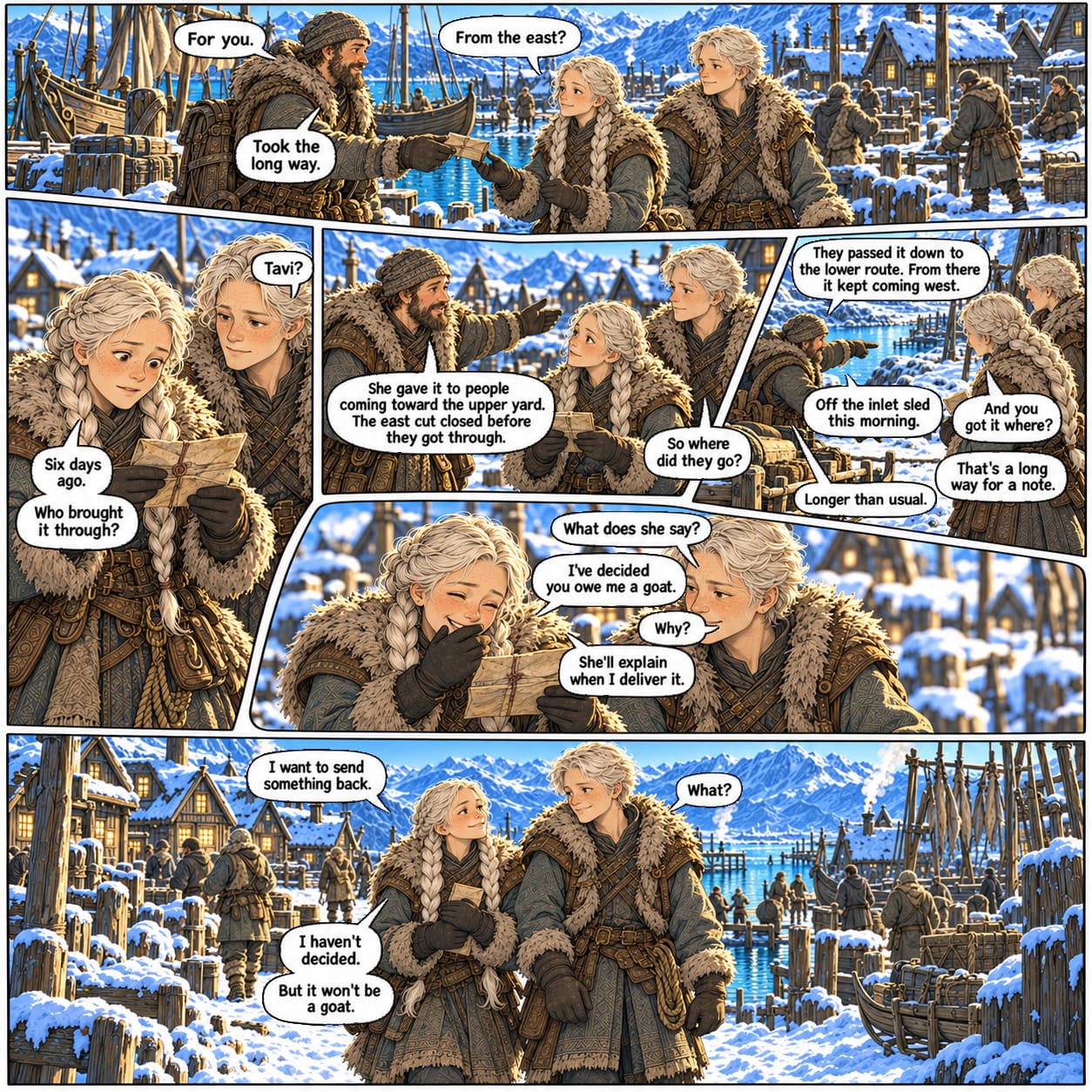 A traveler delivers Tavi’s delayed note by a long detour; Sela laughs at the goat joke, then decides to send something back.