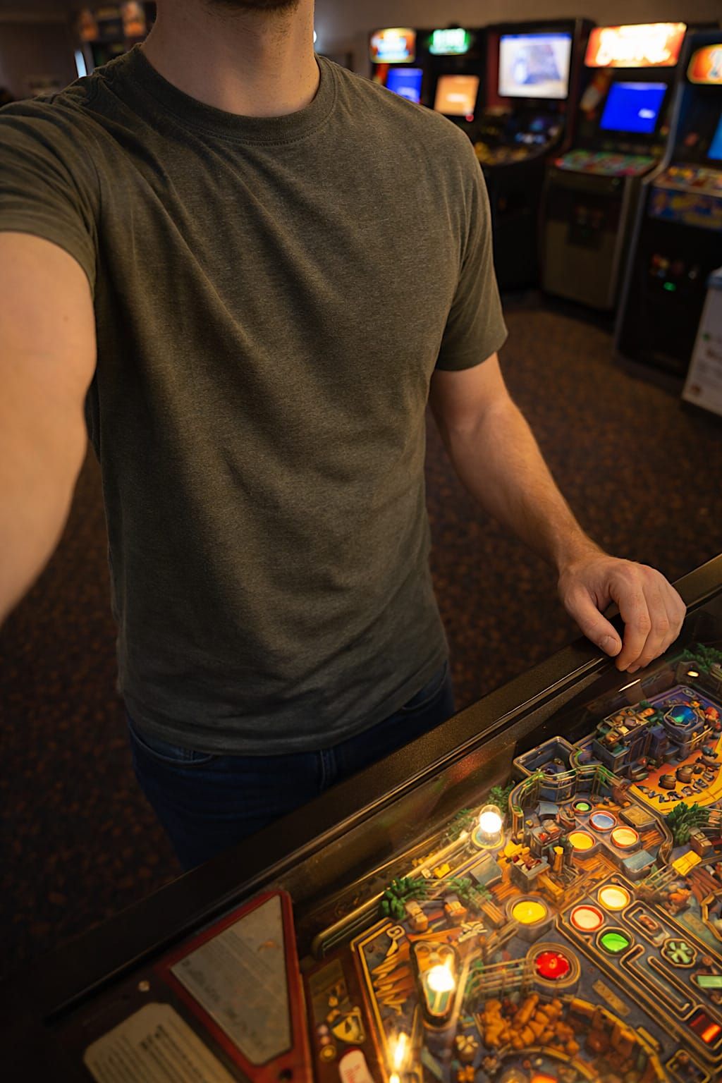 Person standing at a pinball machine in a modest arcade.