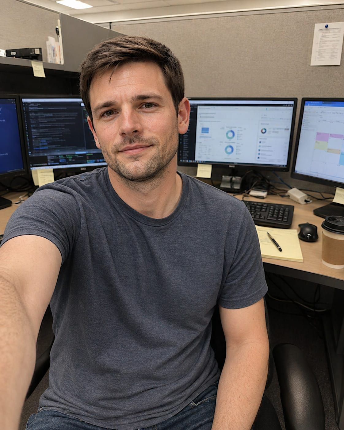 Person seated at a cluttered office cubicle workstation with monitors, coffee, notes, cables, and desk supplies.