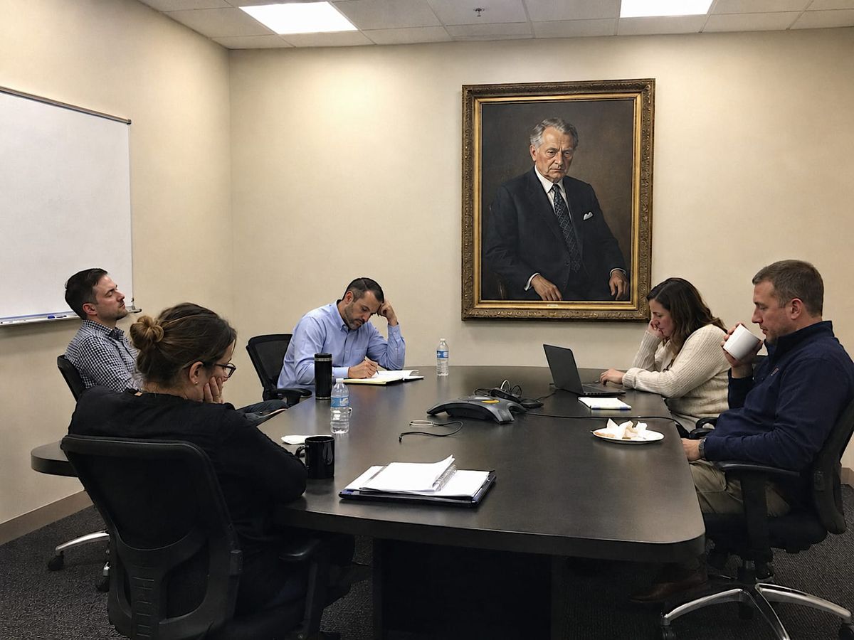 Bored office workers sit around a conference table beneath a formal portrait that appears disappointed.
