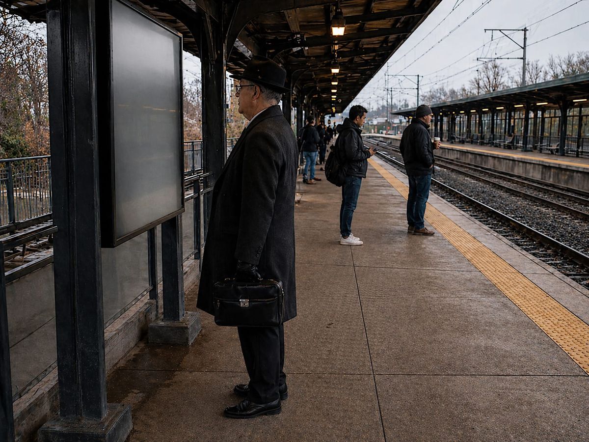 Older man in a dark overcoat and brimmed hat standing near a blank timetable board on a commuter train platform.