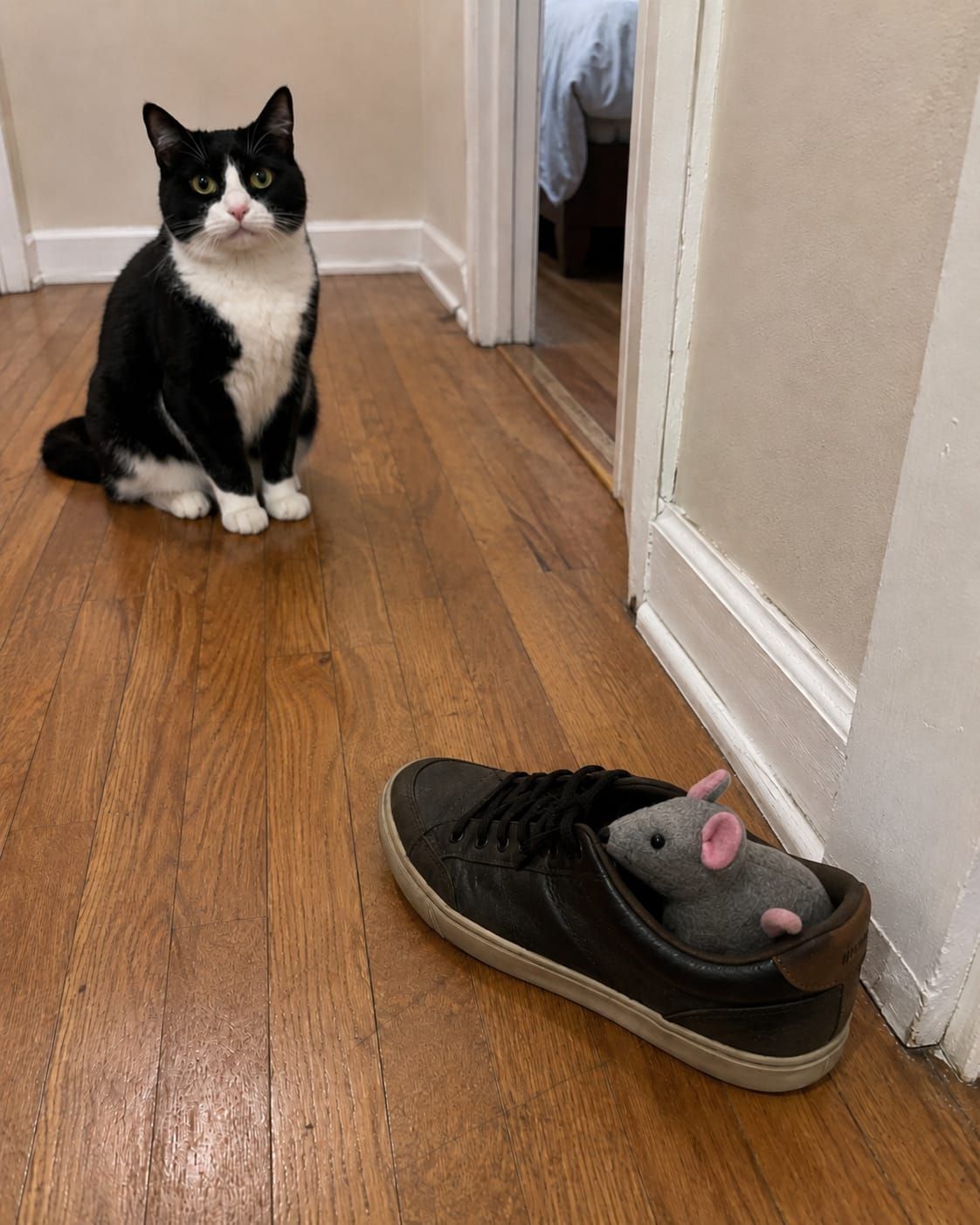 Mabel sits in Evan’s hallway, looking innocent while her toy mouse is tucked neatly inside one of his shoes.
