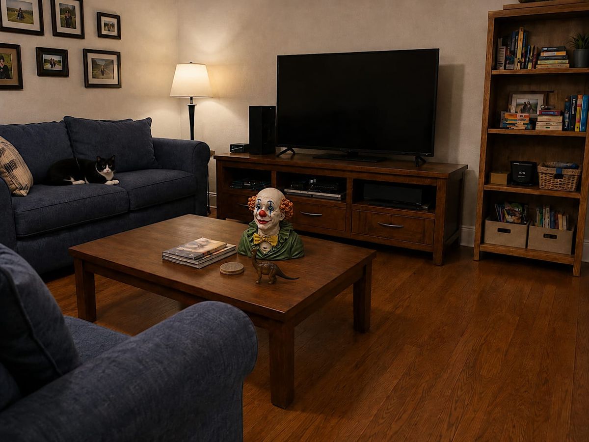 A modest apartment living room with two couches, a coffee table, a cabinet, a ceramic clown bust, a small plastic dinosaur, and a wall of blurred framed photos.