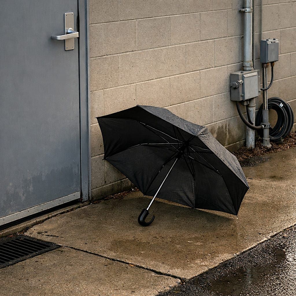 Open umbrella left to dry beside an office building entrance.