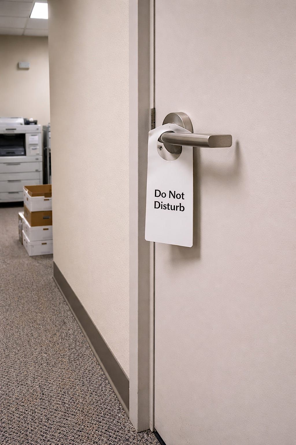 Do Not Disturb door hanger on an office supply closet door in a plain workplace corridor.