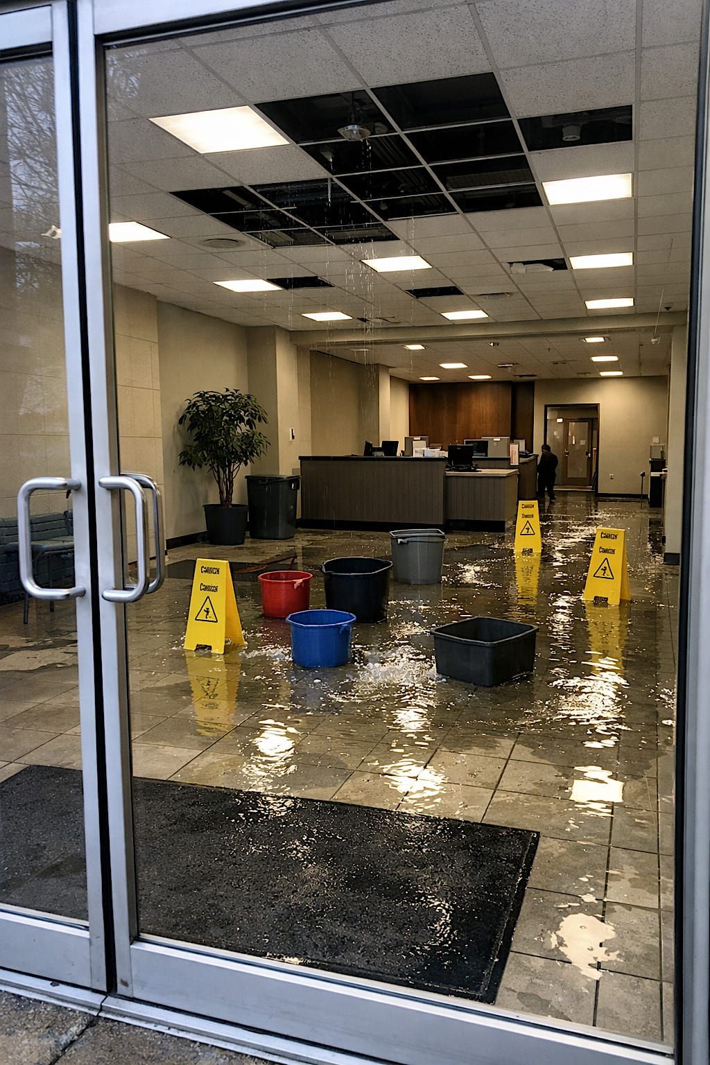 Flooded office lobby with missing ceiling tiles, buckets, caution signs, and standing water on the floor.