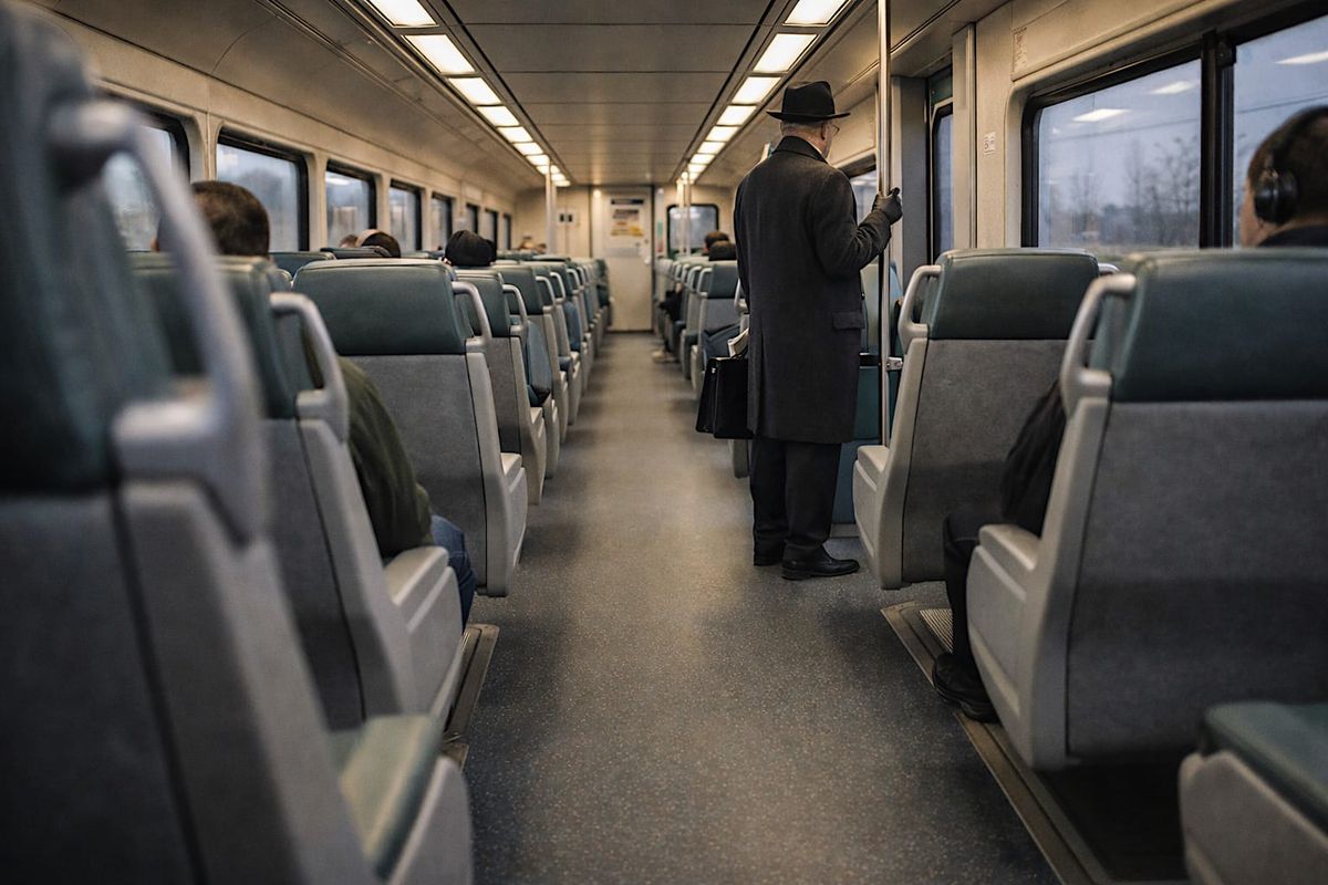 Older man in a dark overcoat and brimmed hat standing near the doors of a commuter train.
