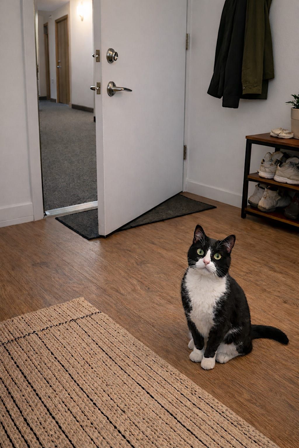 Black-and-white tuxedo cat sitting in a modest apartment entryway.