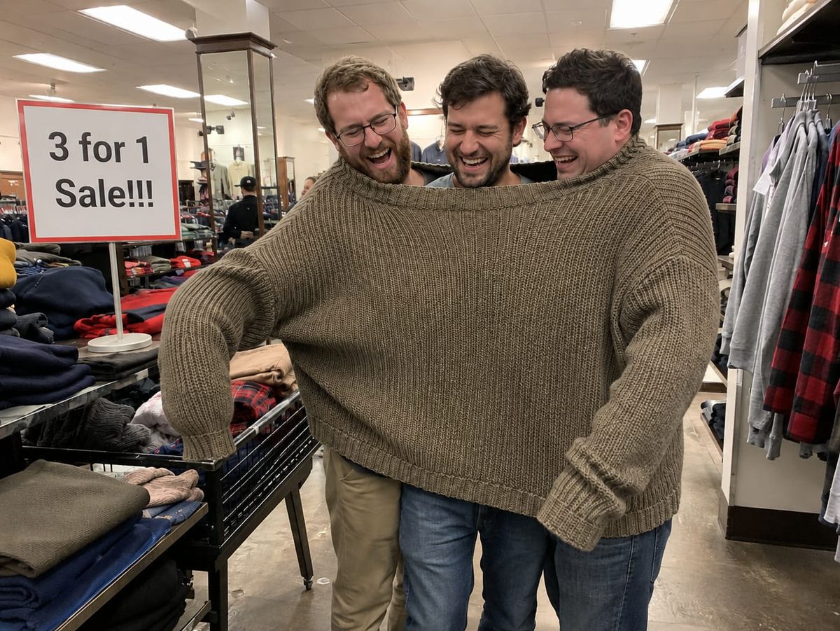 Three men laugh while trapped together in one oversized sweater under a “3 for 1 Sale” sign.