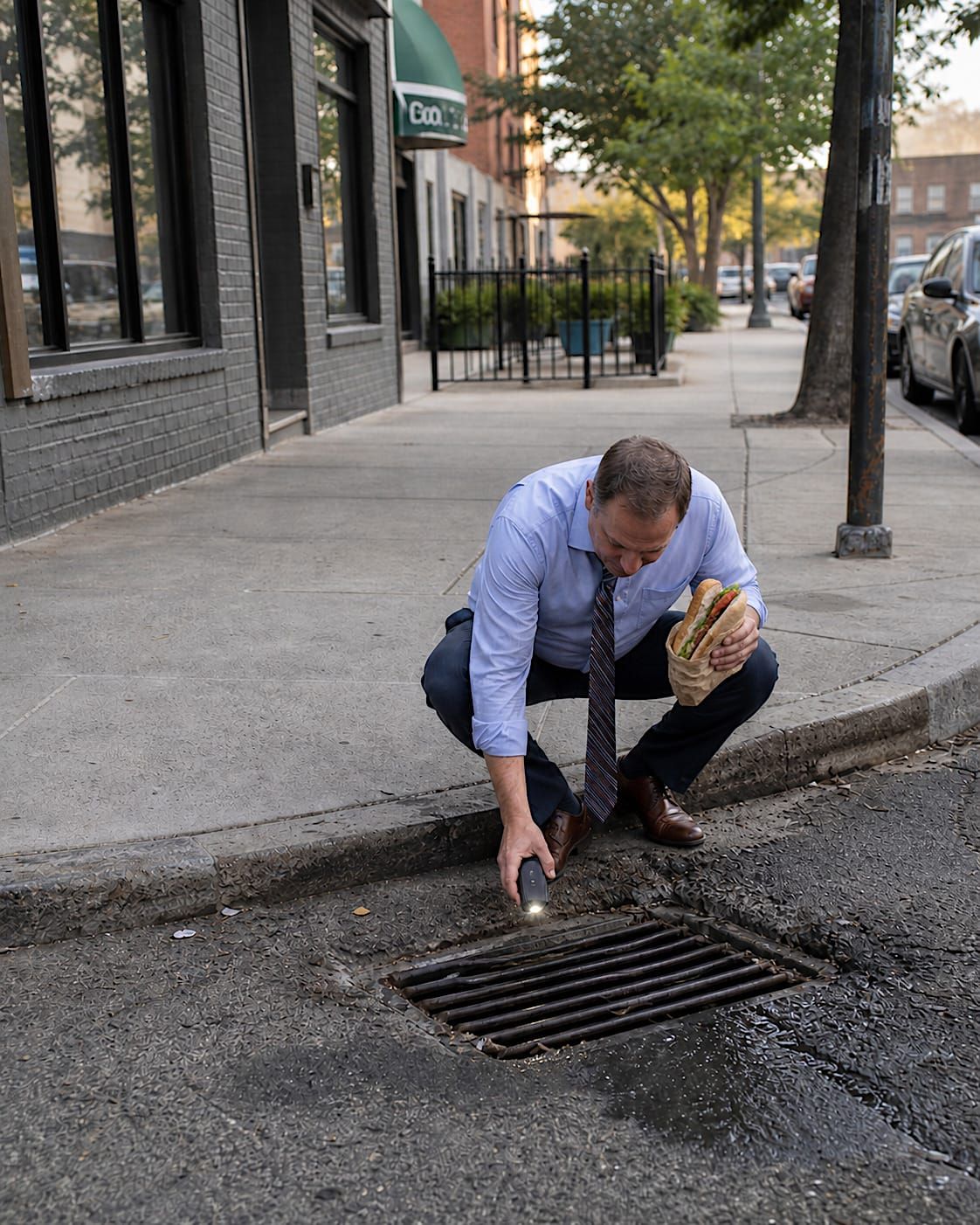 Man crouching beside a storm drain while holding a wrapped sandwich and using a flashlight.