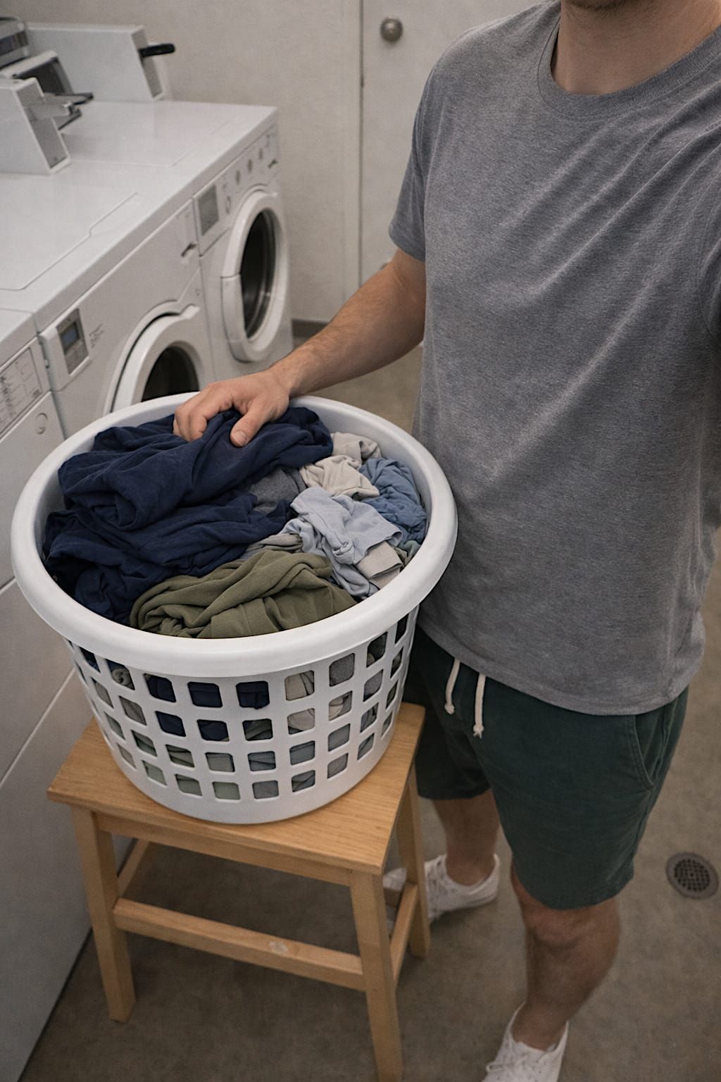 Laundry basket on a stool beside washing machines in an apartment laundry room.