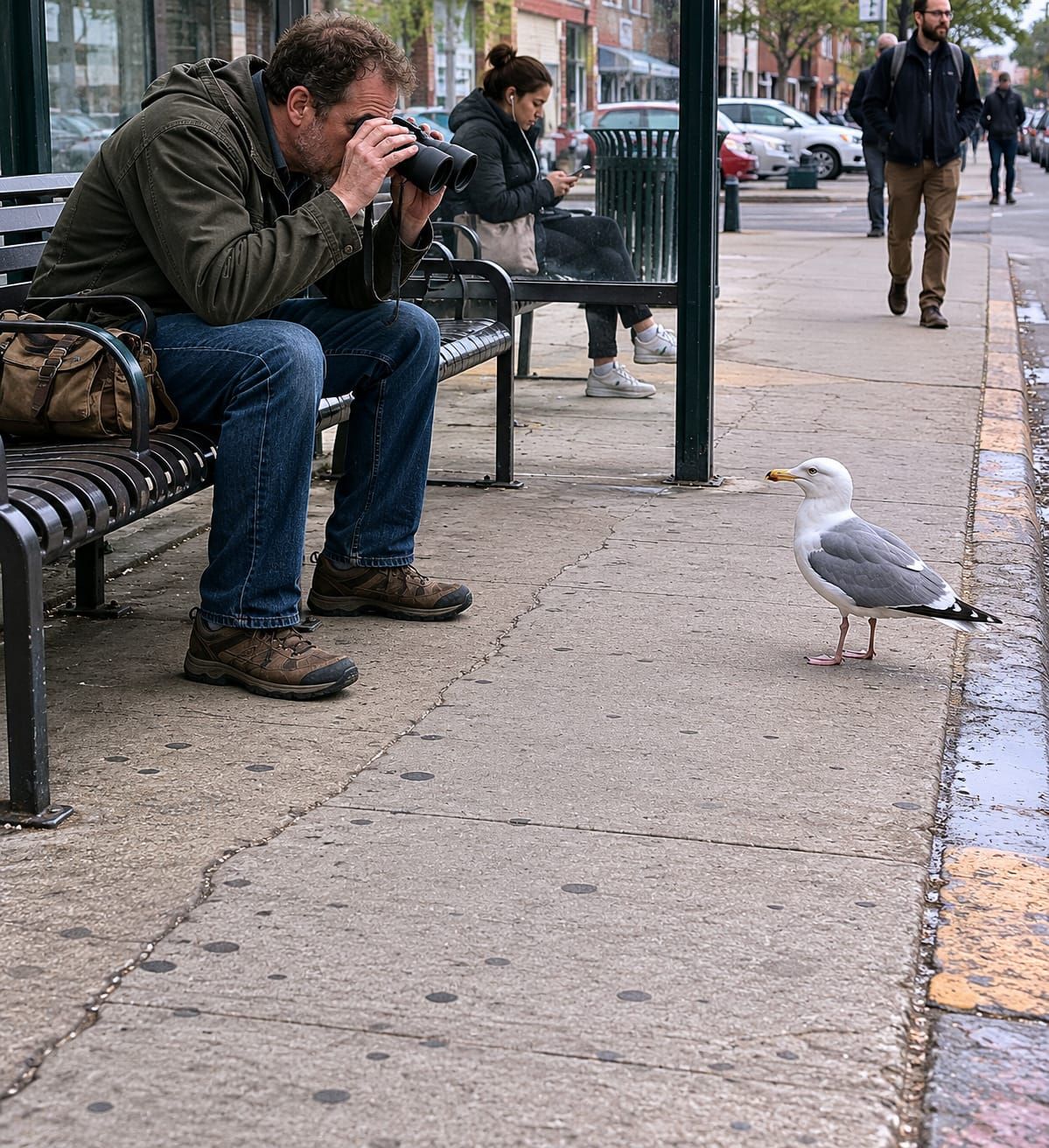 A man uses binoculars to study a seagull standing a few feet away beside an urban transit bench.