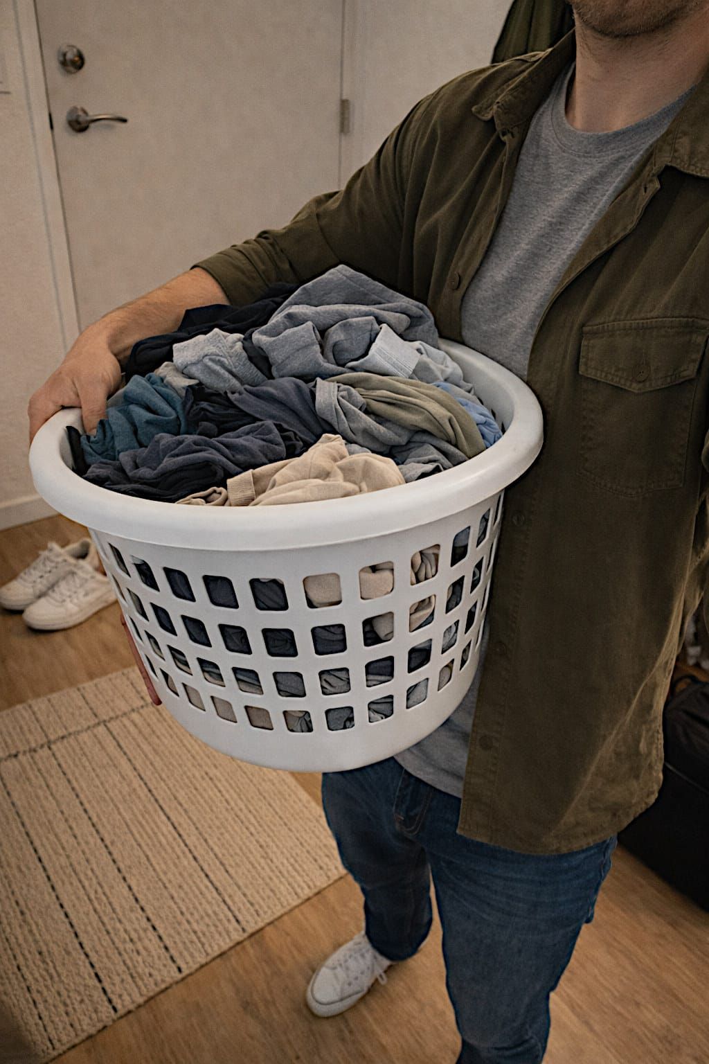 Person holding a full laundry basket in a modest apartment entryway.