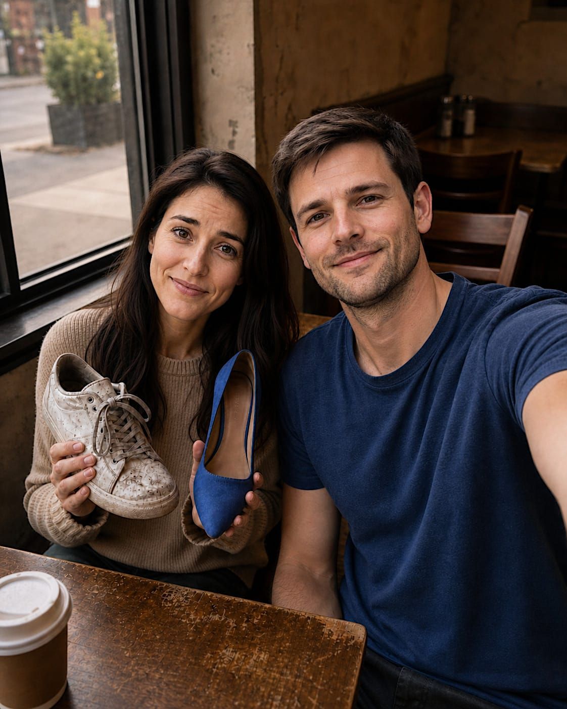 Evan and Nora sitting together at a small coffee shop table, holding an old sneaker and a blue suede shoe.
