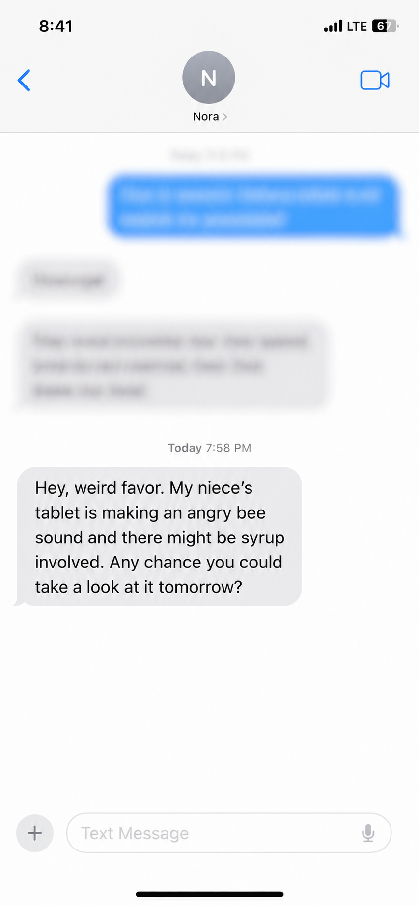 Smartphone message screenshot showing Nora asking Evan to look at her niece’s tablet.