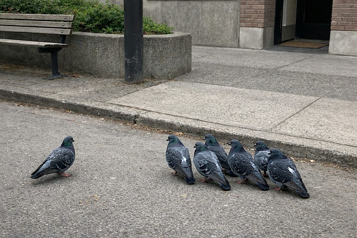 Small group of pigeons on an empty sidewalk, with one bird turned away from the others.