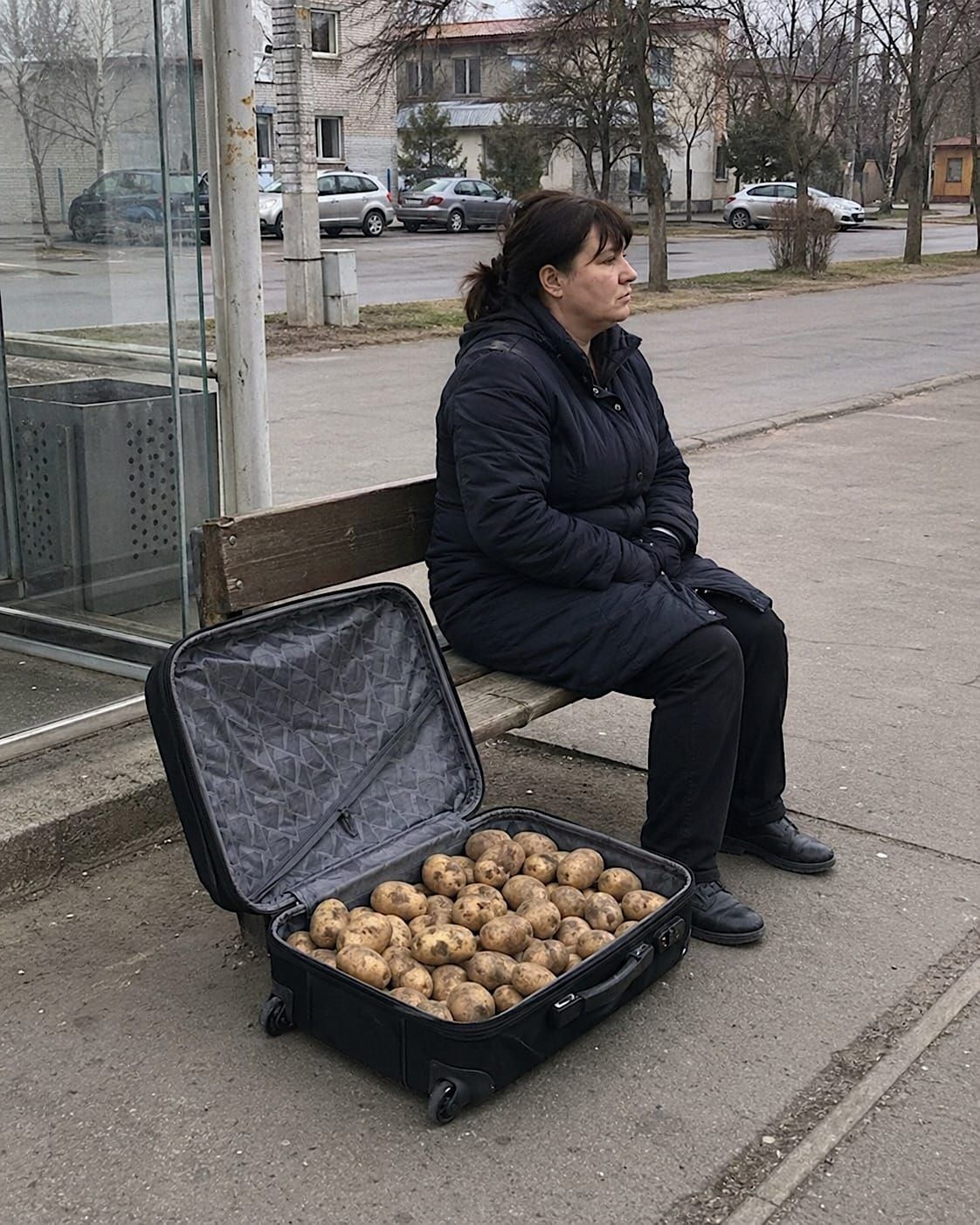 Woman sitting near transit beside an open suitcase filled with loose potatoes.