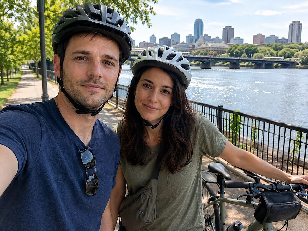 Evan and Nora take an awkward sunny bike-ride selfie by a river, with helmets, bikes, railing, bridge, and skyline behind them.