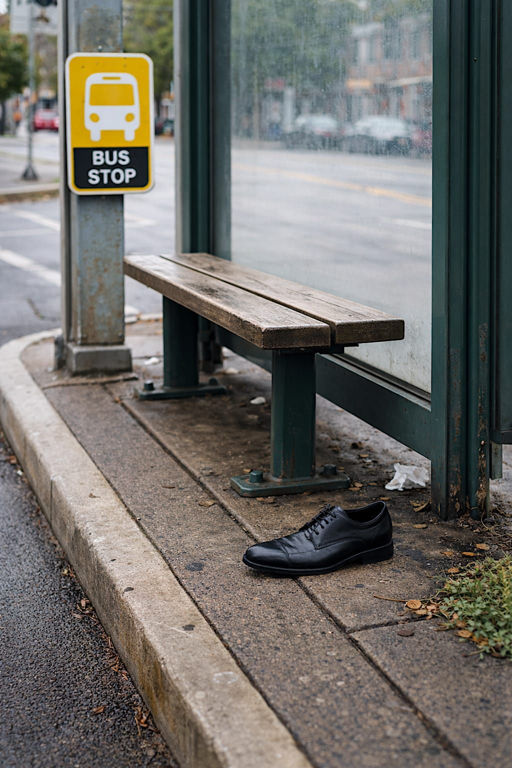 Single black dress shoe left on a bench inside a damp city bus shelter.