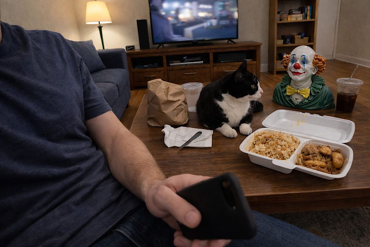 Partial living room selfie with takeout on a coffee table, a tuxedo cat, and a ceramic clown bust nearby.