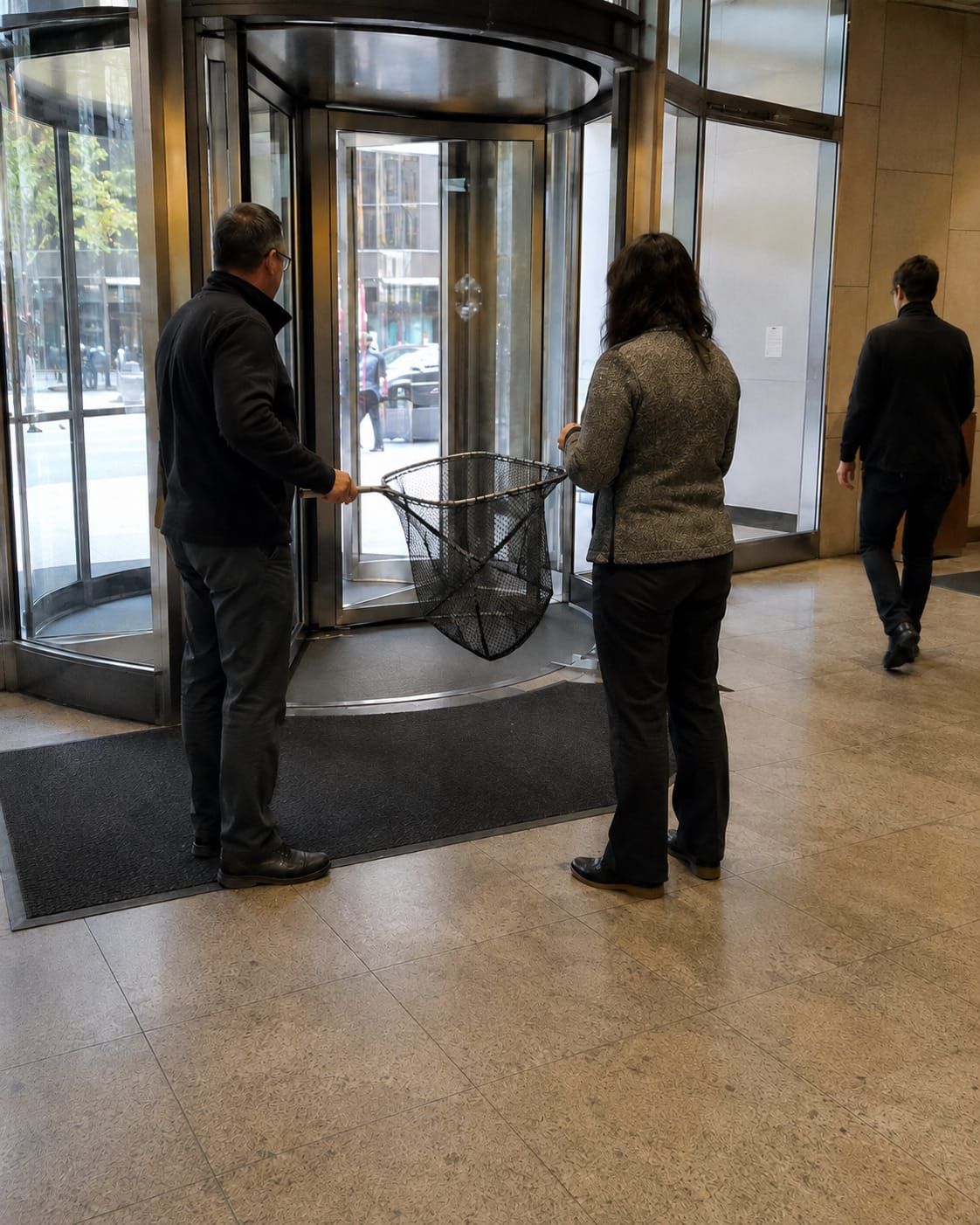 Office worker waits beside a revolving door with a large fishing net in a plain downtown lobby.